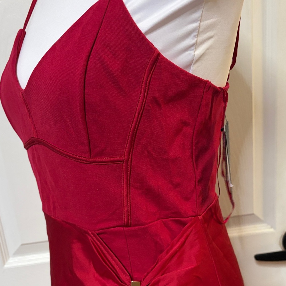Guess Red Satin Midi Dress with Side Drape - Picture 9 of 10